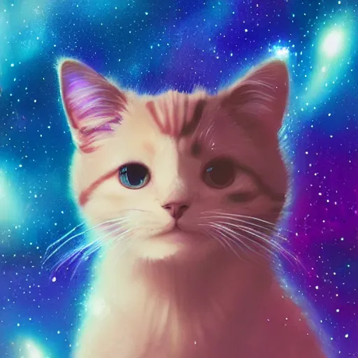 Prompt: cute cat merging with the galaxy by ross tran