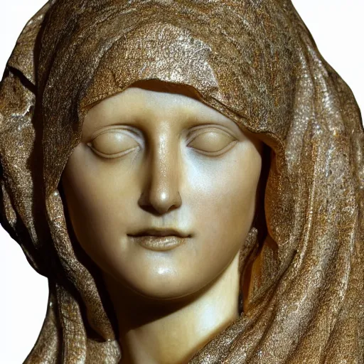 Image similar to a marble sculpture of the veiled virgin, subsurface scattering, !face, !female, covered in intricate !!detailed golden streaked veil , physically based rendering, photo realistic, top light , dark background