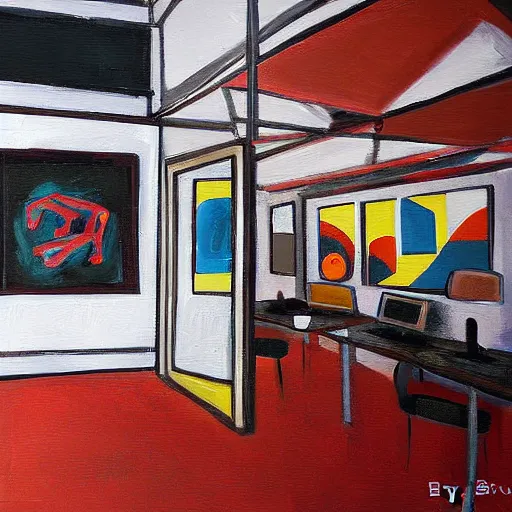 Image similar to painting gallery workplace, art style by bryen frost