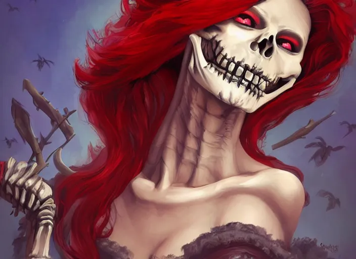 Image similar to cute & beautiful smug smiling mexican undead skeleton girl with red hair dressed as a witch, elegant, digital art, fantasy, pixar style, painting, pin up, highly detailed, artstation, art by artgerm, vrubel, boris vallejo and ilya kuvshinov