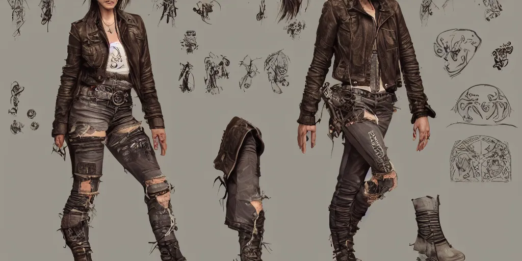Prompt: female wanderer with tattooed arms and legs wearing an old scratched leather and ripped aviator leather jeans, wearing a short black jacket with rusty medals on it, character sheet, head details, props, concept design, contrast, kim jung gi, greg rutkowski, trending on artstation, 8 k, full body, turnaround, ultra wide angle, pincushion lens effect