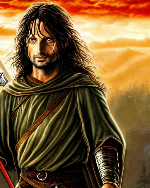 Image similar to Aragorn from Lord of the rings, Cover art by Stephen Bliss, boxart, loading screen, 8K resolution