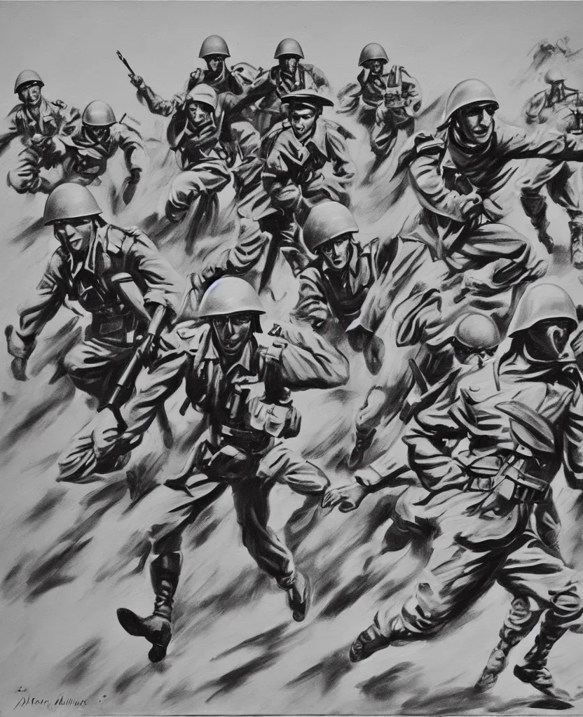 Prompt: a painting of running soldiers and bombs in el alamein battle, wwii,, black and white, disorder, bauhaus