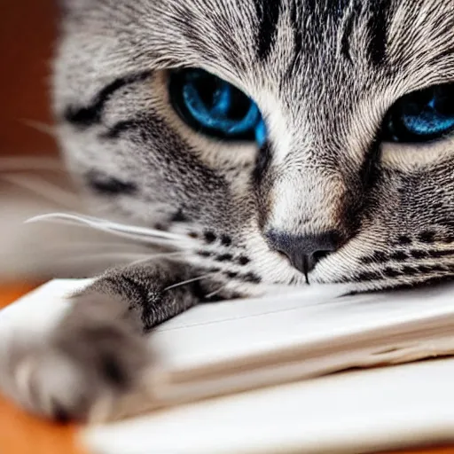 Prompt: a photo of a cat writing the word meow on a notepad