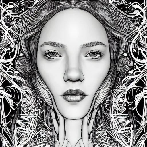 Image similar to the portrait of an incredibly beautiful, graceful, elegant, and sophisticated young woman made of garlic bulbs, an ultrafine detailed illustration by james jean, intricate linework, bright colors, final fantasy, behance contest winner, vanitas, angular, altermodern, unreal engine 5 highly rendered, global illumination, radiant light, detailed and intricate environment