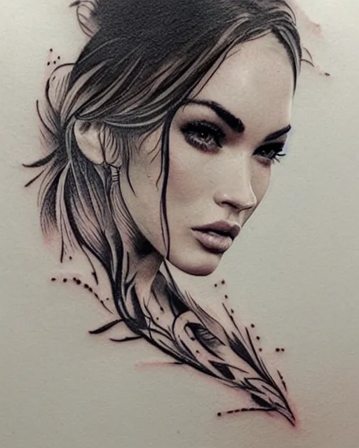 Image similar to creative double exposure effect tattoo design sketch of megan fox faded in beautiful mountain scenery, realism tattoo, in the style of matteo pasqualin, amazing detail, sharp