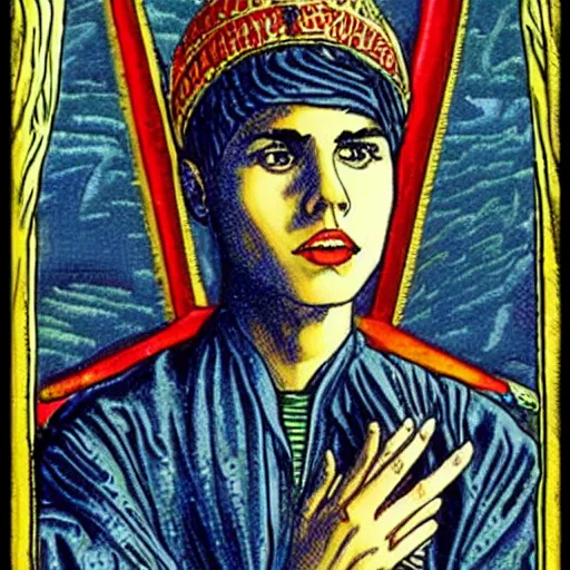 Image similar to Justin Bieber in Thoth tarot deck, style of Lady Frieda Harris, 4K