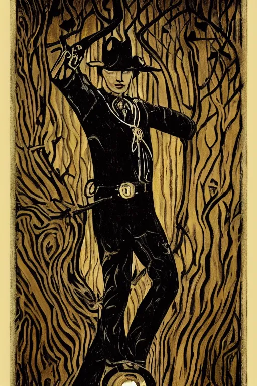 Prompt: a dark art deco painting of a handsome cowboy tied to a tree with wiccan symbols painted on him | background is dark twisted woods | tarot! card, art deco, art nouveau | by Mark Maggiori | trending on artstation