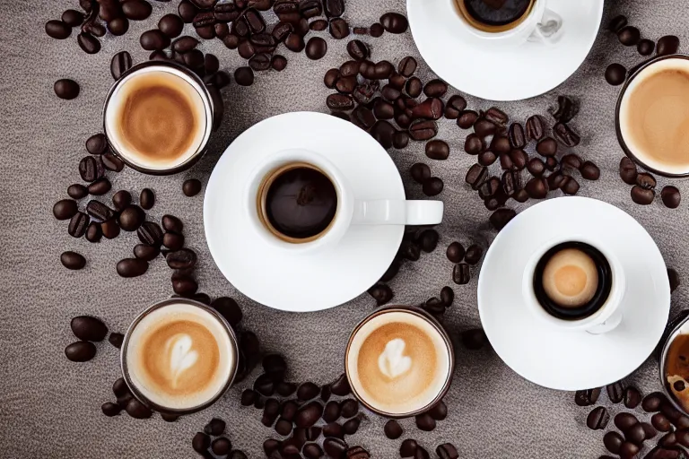 Prompt: magazine quality photo shoot of beautifully displayed espresso, beans, coffee cups, milk, espresso machine