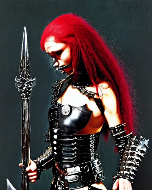 Image similar to portrait of a skinny punk goth yayoi kusama wearing armor by simon bisley, john blance, frank frazetta, fantasy, thief warrior, chrome