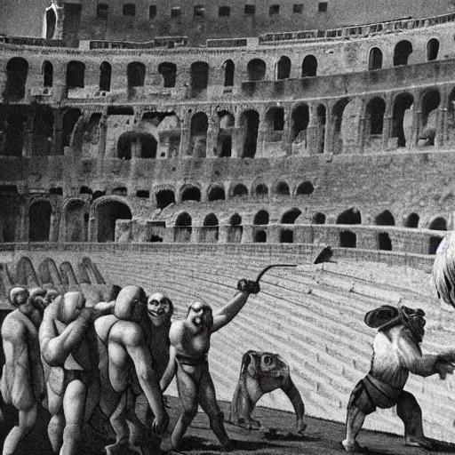 Image similar to hillary clinton fighting giant ape in roman colosseum