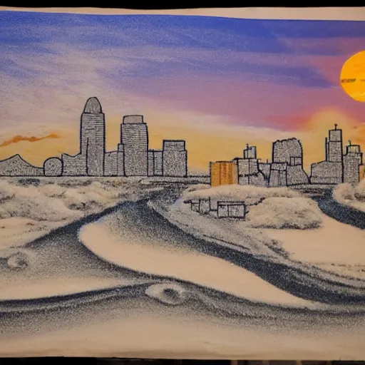 Image similar to sand painting of boston in winter, very detailed, studio lighting