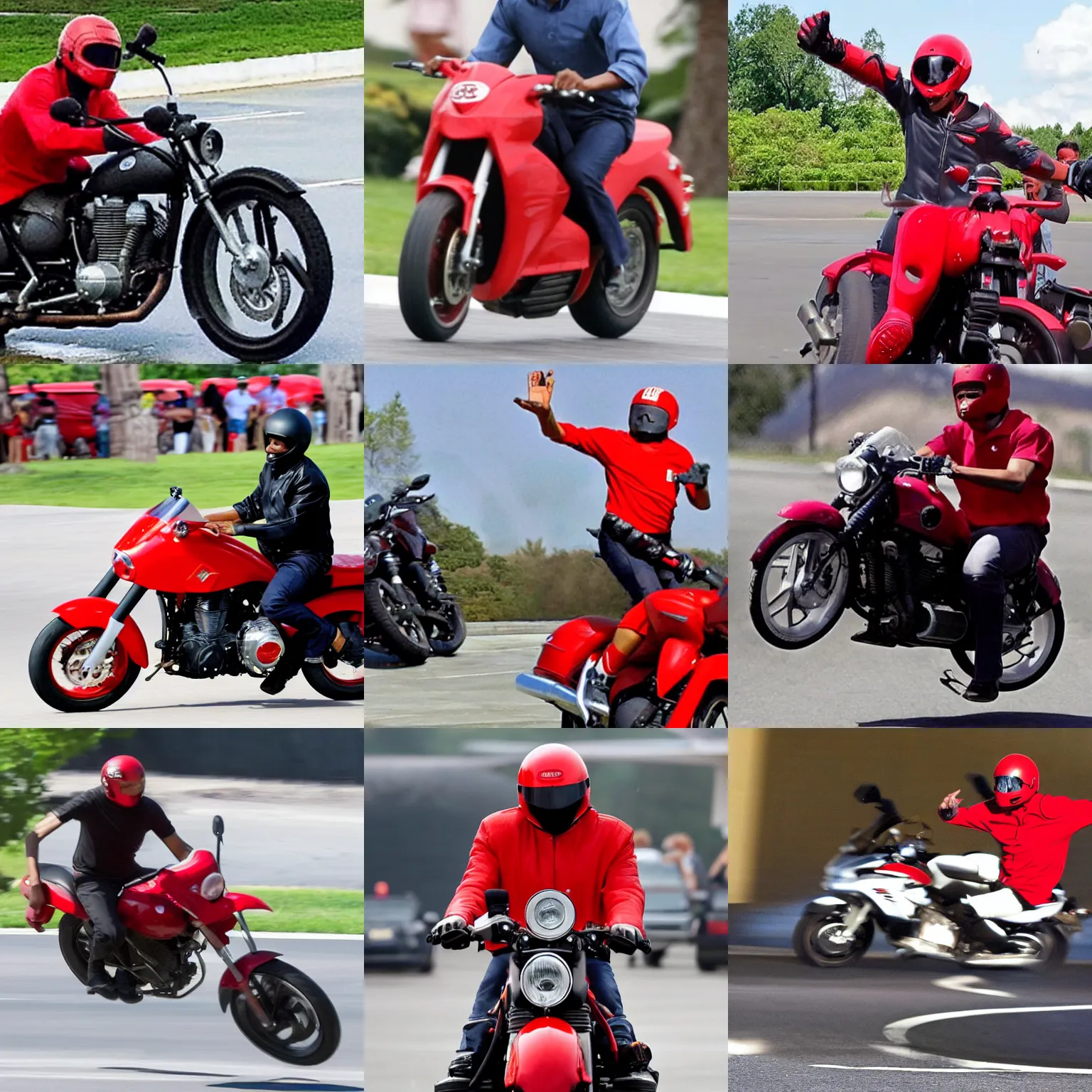 Prompt: Obama wearing a red helmet doing a motorcycle jump