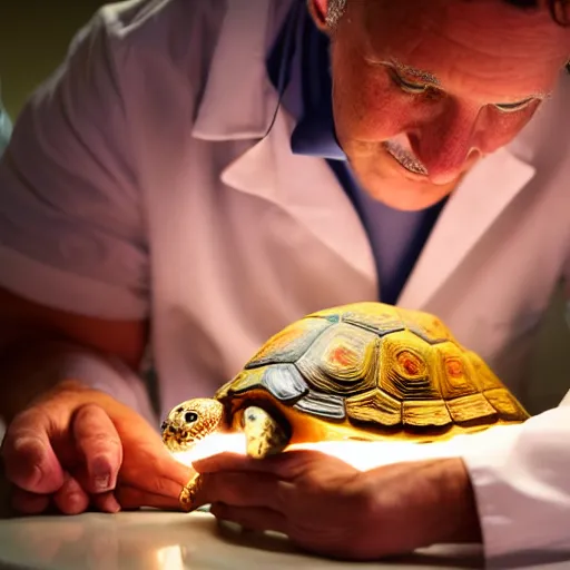 Image similar to doctor examining a tortoise under operating room lights, closeup wide angle