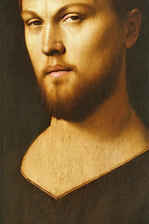 Image similar to 1 4 0 0 s renaissance portrait of leonardo dicaprio oil painting by jan van eyck, northern renaissance art, oil on canvas, wet - on - wet technique, realistic, expressive emotions, intricate textures, illusionistic detail