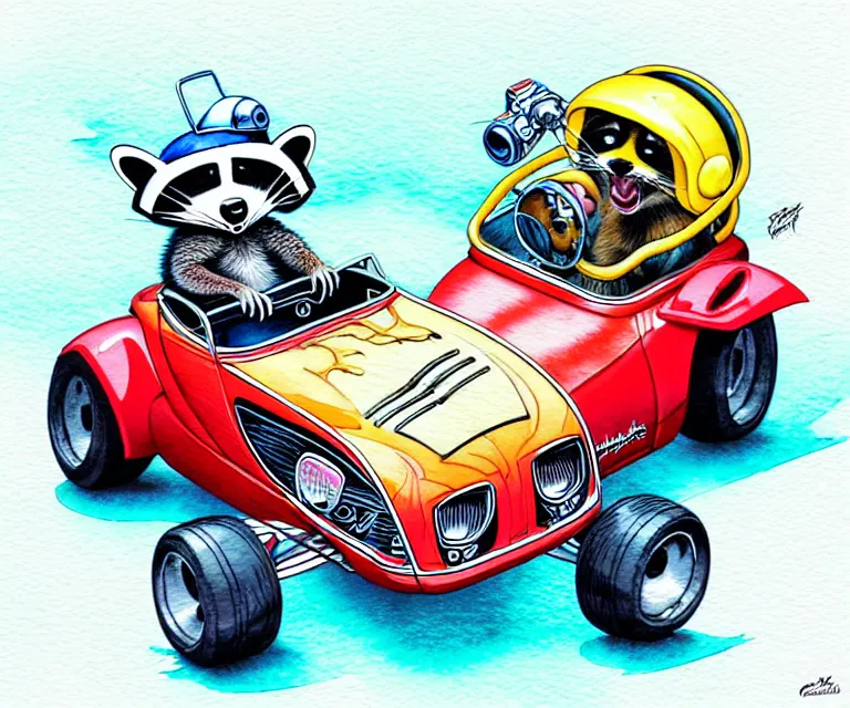 Image similar to cute and funny, racoon wearing a helmet riding in a tiny hot rod plymouth prowler with oversized engine, ratfink style by ed roth, centered award winning watercolor pen illustration, isometric illustration by chihiro iwasaki, edited by range murata, details by artgerm