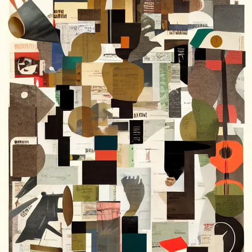 Image similar to A collage of a jazz band, mid-century modern, made of random shapes cut from magazines and newspapers, abstracted block shapes, earth tones