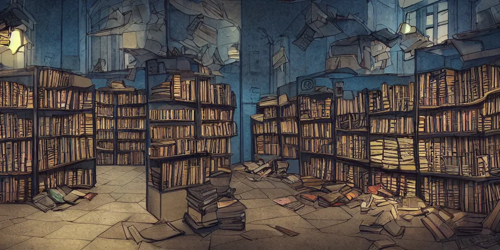 Image similar to abandoned bookstore in the mall at night, scattered books, horror, anime!, blue lighting, award - winning digital art