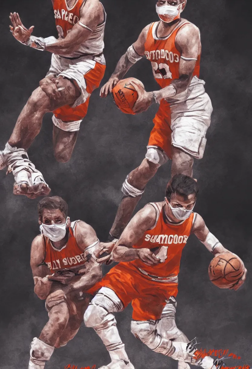 Prompt: billy gabor of the syracuse nationals wearing a facemask in an nba game, hyper photorealistic, insane detail, digital photography, artstation, concept art