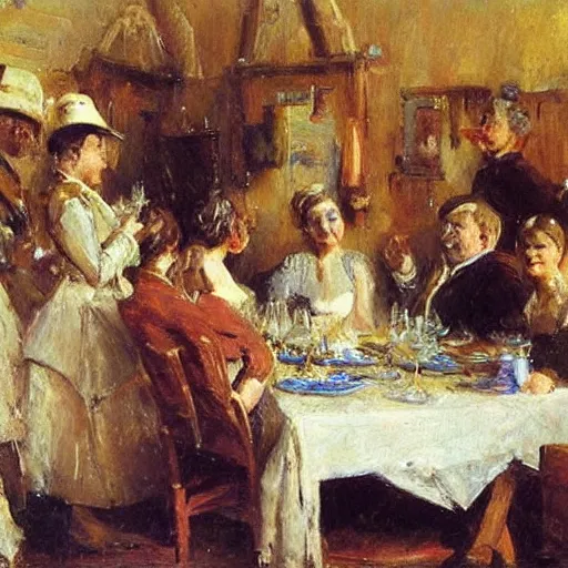 Image similar to a beautiful sculpture of a group of people gathered around a table in a tavern. they are all eating and drinking, and appear to be enjoying themselves. buff by arthur streeton playful, incredible