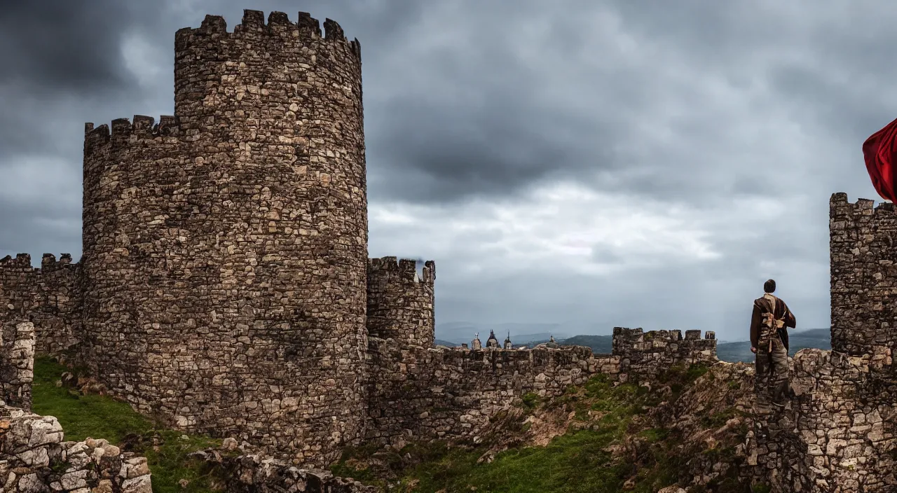 Image similar to a king standing on the castle walls looking at the incoming enemy army, vivid colors, soft lighting, atmospheric, cinematic, moody, 8 k