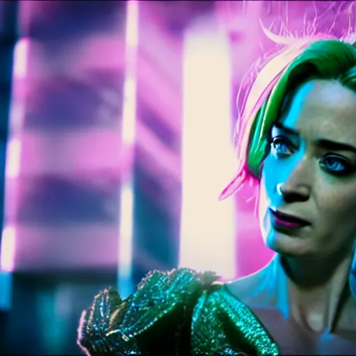 Image similar to cinematic scene with emily blunt as jolyne from jojo's bizarre adventure, live action film, stone ocean, dramatic, small details, volumetric lighting, still frame