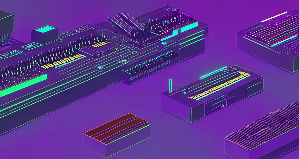 Image similar to a design layout of amazing futuristic synthesizers, cinematic lighting, detailed, beautiful colors, by greg rutowski and studio ghibli