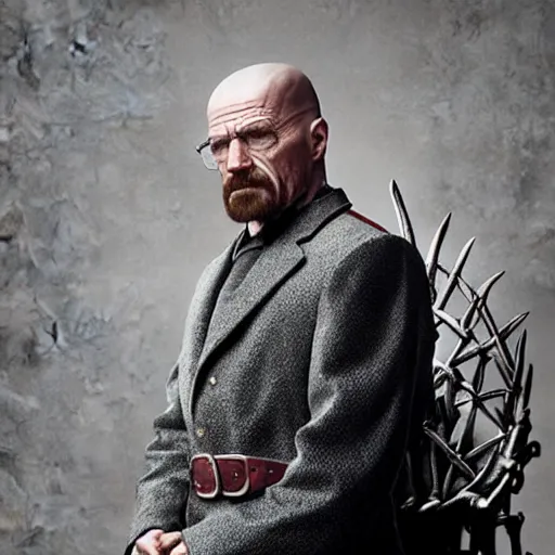 Image similar to “ very very intricate hyperrealistic photo of a walter white on the iron throne, detailed studio lighting, award - winning crisp details ”