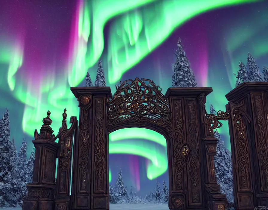 Prompt: a very detailed concept art of intricate and well designed magical gates infused with aurora borealis, dynamic lighting, trending on artstation, path traced, highly detailed, high quality, digital art, 4 k, hyper realistic, octane render, sharp focus