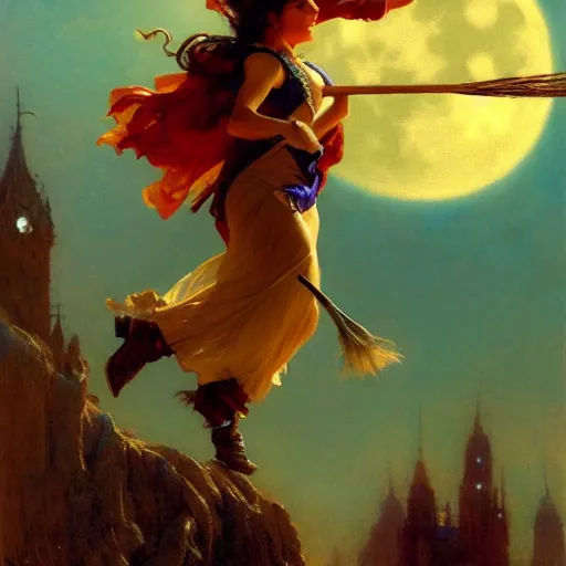 Prompt: witch flying with a broom, trough the night, fantasy, full moon in background. highly detailed painting by gaston bussiere, craig mullins, j. c. leyendecker 8 k