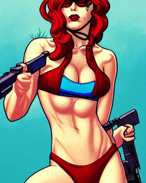 Image similar to comic cover art of a bikini - clad guerilla, inspired by gunsmith cats and tank girl, illustration by jenny frison and sana takeda, intricate details, stunning inking lines, stunning gradient colors, 4 k, hd, artstation