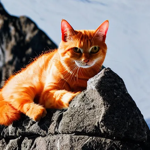 Prompt: an orange tabby cat skiing in the mountains