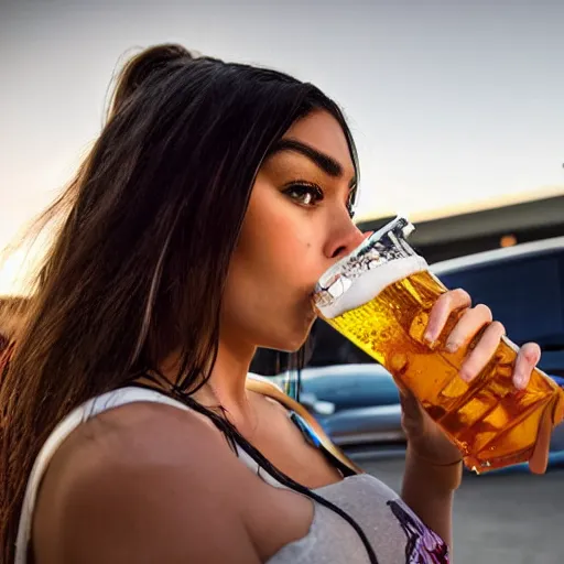 Image similar to 4k,ultra detailed portrait of Madison Beer drinking beer at the parking lot by Rachel Ruysch