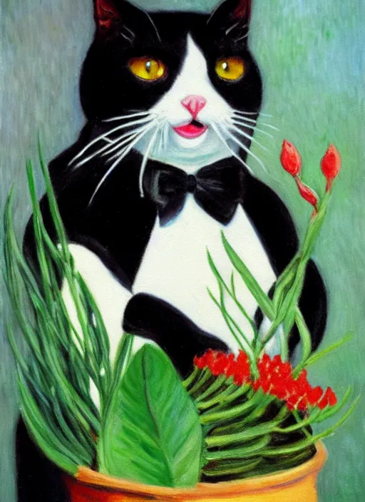 Image similar to tuxedo cat in chef costume chews on a wax plant, oil painting, by monet