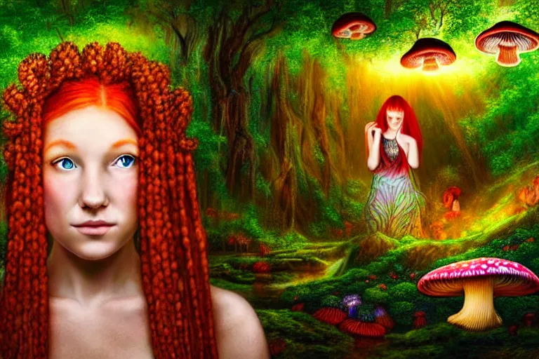 Prompt: a realistic portrait of a beautiful red haired mushroom goddess with braids, inside a waterfall, in an enchanted psychedelic mushroom forest, butterflies, sunbeams at sunset, wlop