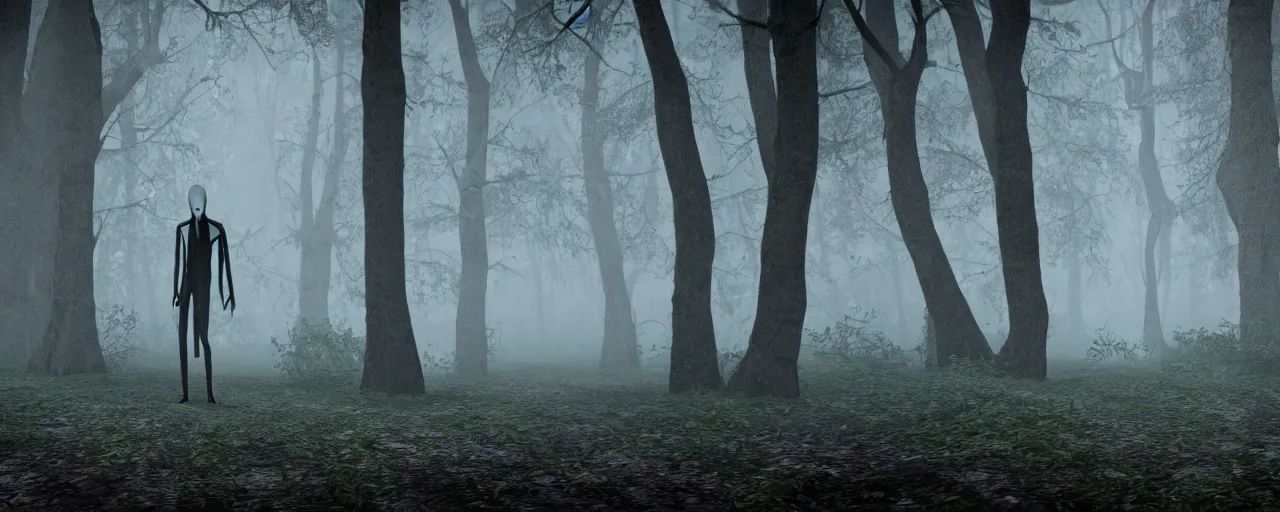 Prompt: horror spooky raining forest with a slenderman, natural environment, cinematic, realistic, highly detailed, 8k render, unreal engine 5