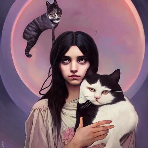 Image similar to emo mexican girl and her cat, with long dark hair, thick eyebrows!!! deep dark big shiny eyes and dark circles!, wide nose!, oval face shape, by juan villafuerte, greg rutkowski and alphonse mucha, pexels contest winner, high quality photo, rtx, hd