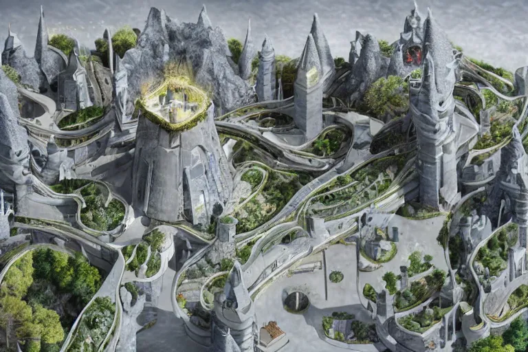 Prompt: a futuristic mega castle utopian city made of stone