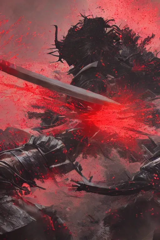 Image similar to a close up shit of the bloodiest samurai battle in history. Two samurai dueling, many dead with Sashimono. Greg rutkowski legendary matte painting.. 4k, particles light,