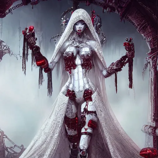 Image similar to female gothic robots with human organ and blood, dressed in white intricate lace, veils and jewels, epic environment, matte painting, diffused lighting, highly detailed, cinematic, epic atmosphere, digital art, trending on artstation, wide angle