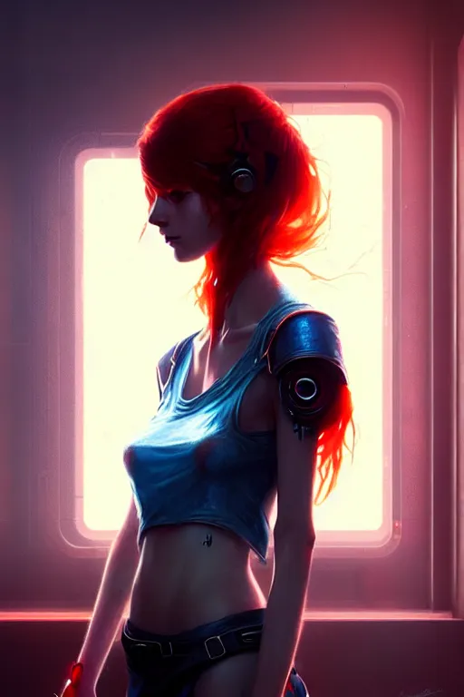 Image similar to a young tall, slender girl, with fiery red hair and bright blue eyes, hyperrealistic face, beautiful eyes, fantasy art, in the style of greg rutkowski, intricate, hyperdetalized, smooth, cyberpunk, tech