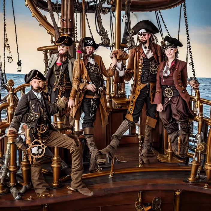 Prompt: full body photograph of steampunk pirates on their ship. Extremely detailed. 8k