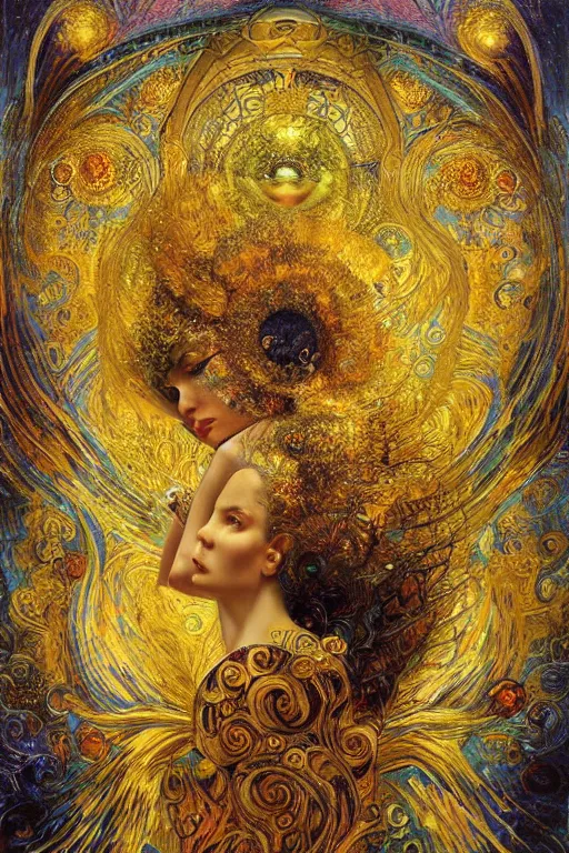 Image similar to Visions of Paradise by Karol Bak, Jean Deville, Gustav Klimt, and Vincent Van Gogh, visionary, otherworldly, dreamscape, radiant halo, fractal structures, infinite wings, ornate gilded medieval icon, third eye, spirals, heavenly spiraling clouds with godrays, airy colors