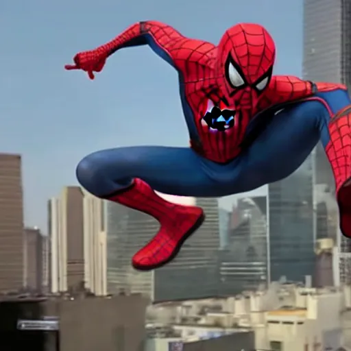 Image similar to spiderman falling off a hoverboard, comic book footage