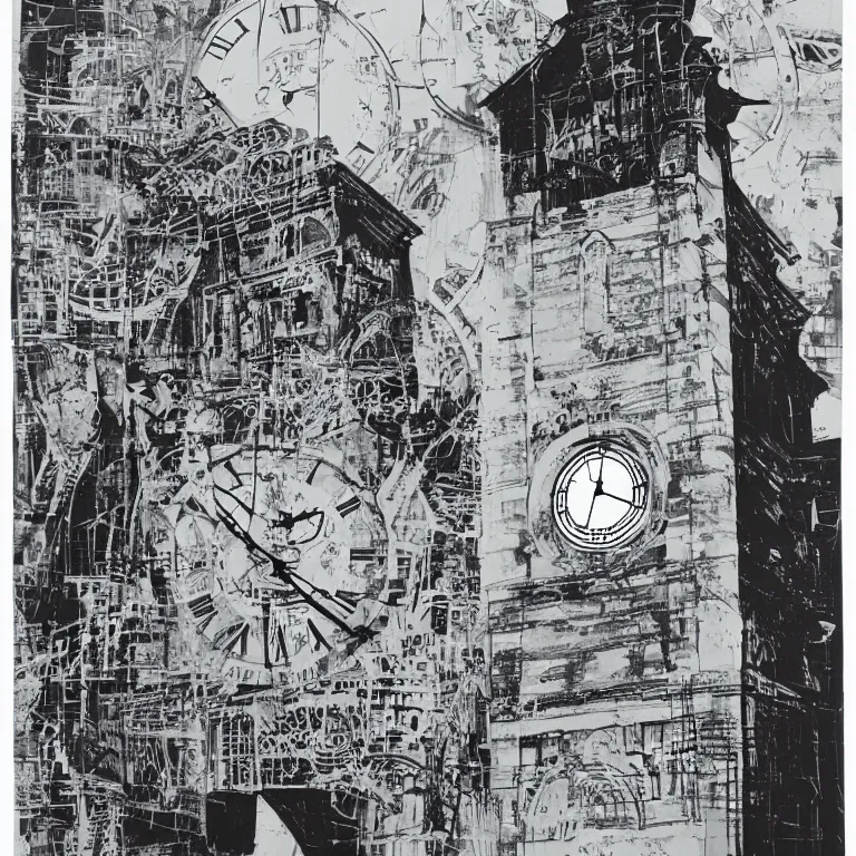 Image similar to a black and white drawing of a clock tower, a screenprint by robert rauschenberg, behance contest winner, deconstructivism, da vinci, constructivism, greeble