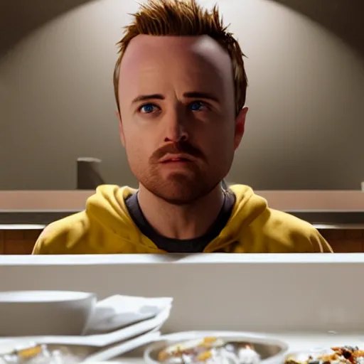 Prompt: Jesse Pinkman from Breaking Bad eating at McDonald's, photorealism, cinematic lighting,