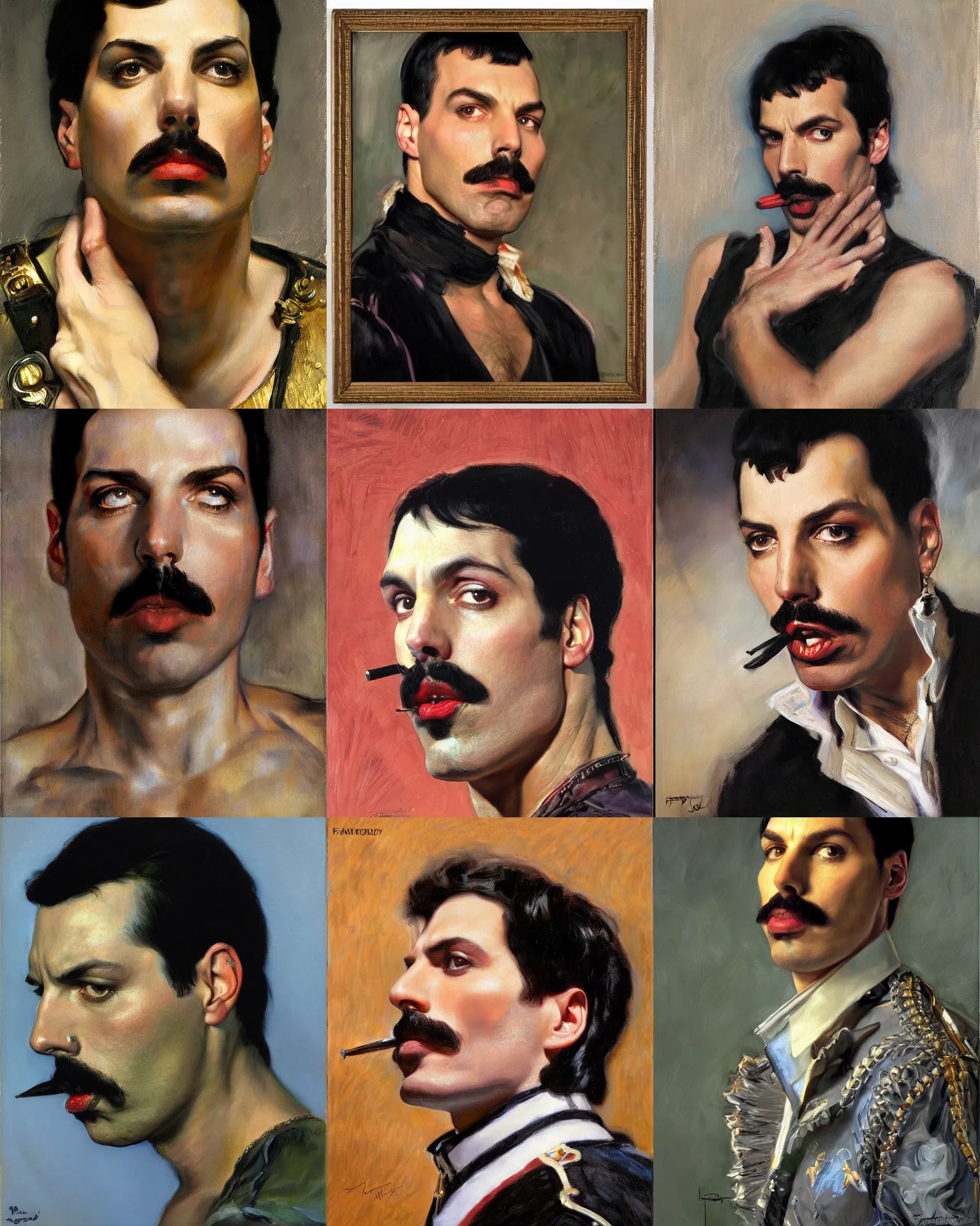 Image similar to freddie mercury dramatic expression, plein air headshot portrait oil painting by donato giancola, john singer sargent, frans hals, mandy jurgens, fashion photography