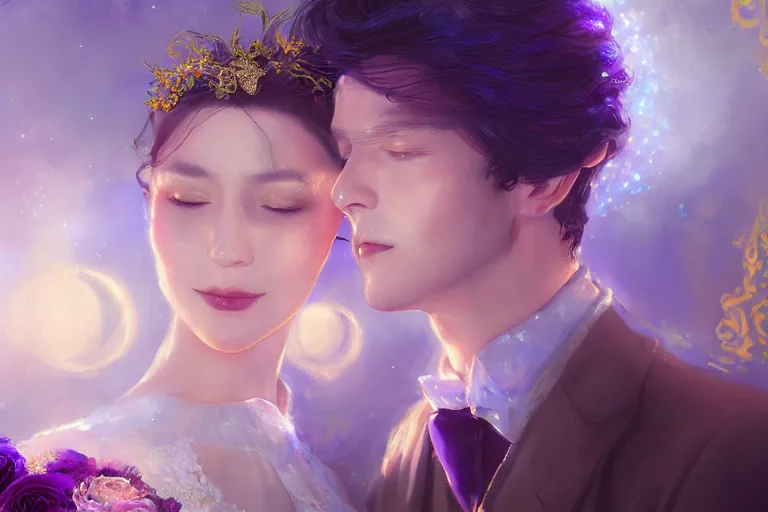 Prompt: a dreamlike cinematic portrait of wedding photograph close up moment of a divine a russia sun god and moon goddess lovers magician at a wedding banquet. portraiture. digital painting. artstation. concept art. fantasy wedding photo. digital painting, 8 k realistic, hyper detailed, violet evergarden art masterpiece by art by krenz cushart
