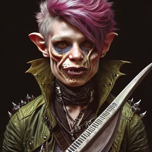 Image similar to portrait painting of a punk goblin bard with an axe, ultra realistic, concept art, intricate details, eerie, highly detailed, photorealistic, octane render, 8 k, unreal engine. art by artgerm and greg rutkowski and charlie bowater and magali villeneuve and alphonse mucha