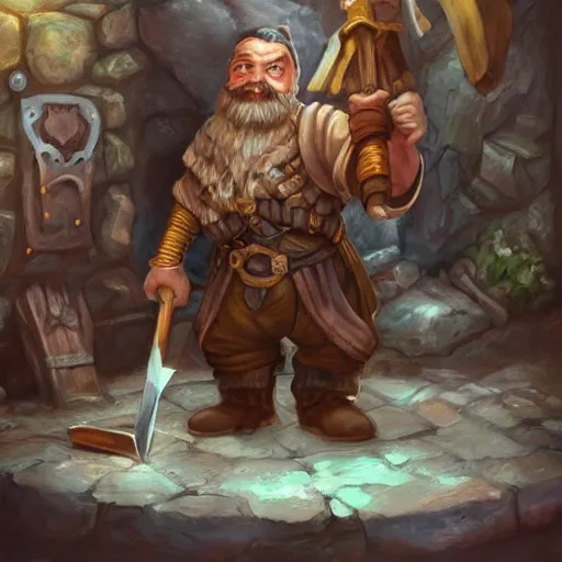 Image similar to High Fantasy whimsical portrait painting of a bearded dwarf working in a blacksmith with a workman\'s hammer, leg high, face showing, full body, fantasy clothing, golden shoulder pauldrons, cgsociety, trending on artstation, dnd